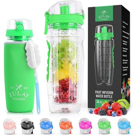 ZULAY KITCHEN Zulay Water Bottle, Fruit Infuser  34 oz Energy Green ZULB082TKHG79